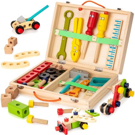 Tool Kit for Kids, Wooden Tool Box with 33pcs Wooden Tools, Building Toy Set