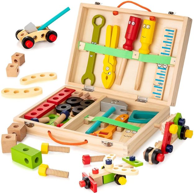 Tool Kit for Kids, Wooden Tool Box with 33pcs Wooden Tools, Building Toy Set